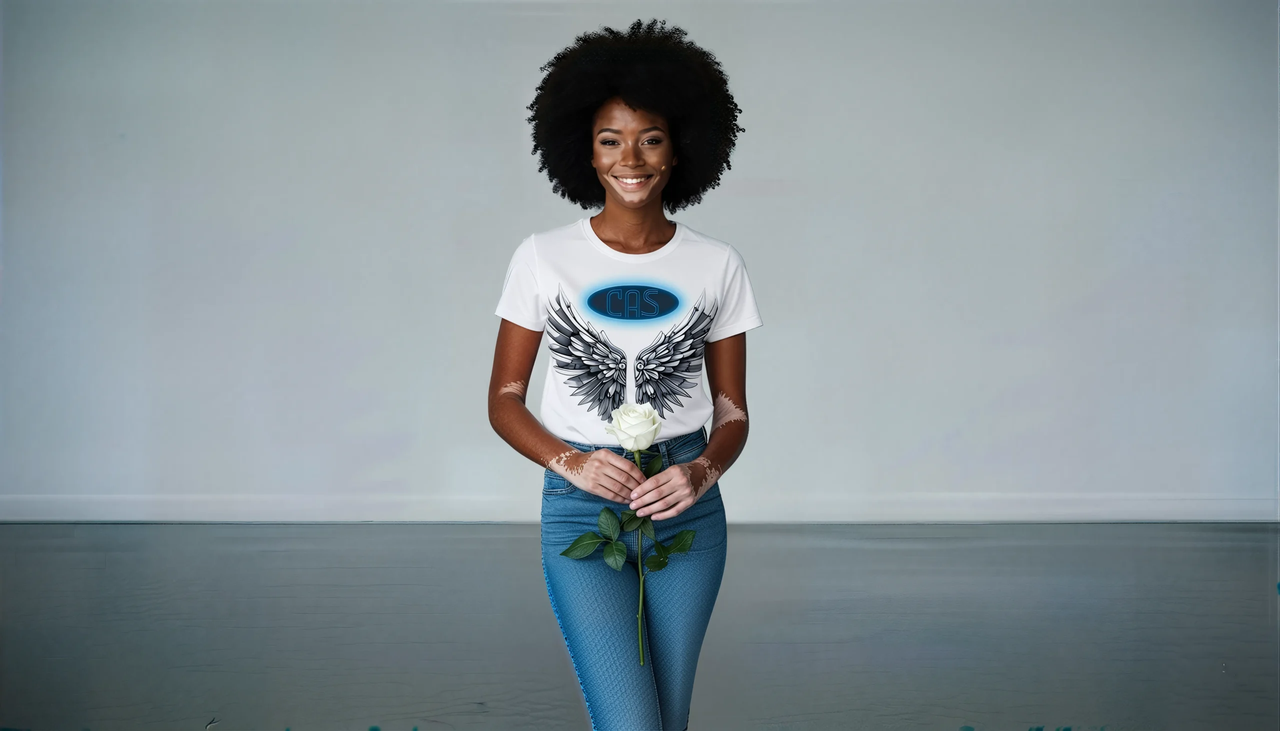 A young woman wearing a Cyber Angel Security t-shirt