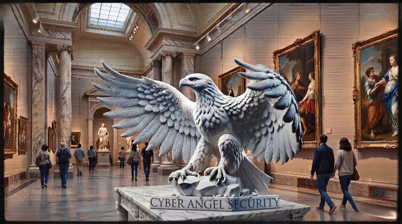 Marble eagle sculpture engraved with the Cyber Angel Security name