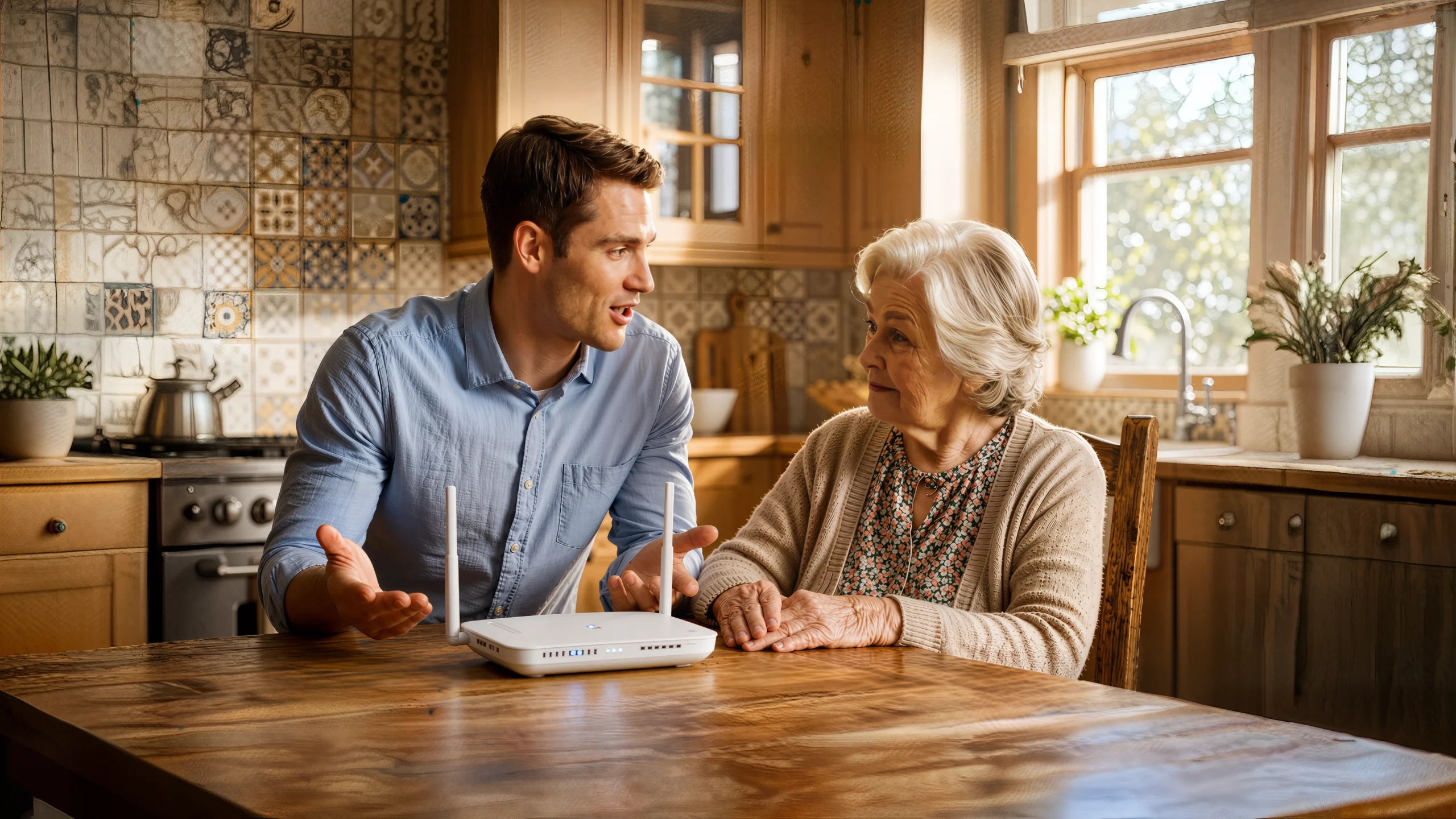 A young man helping an older woman set up her home router
