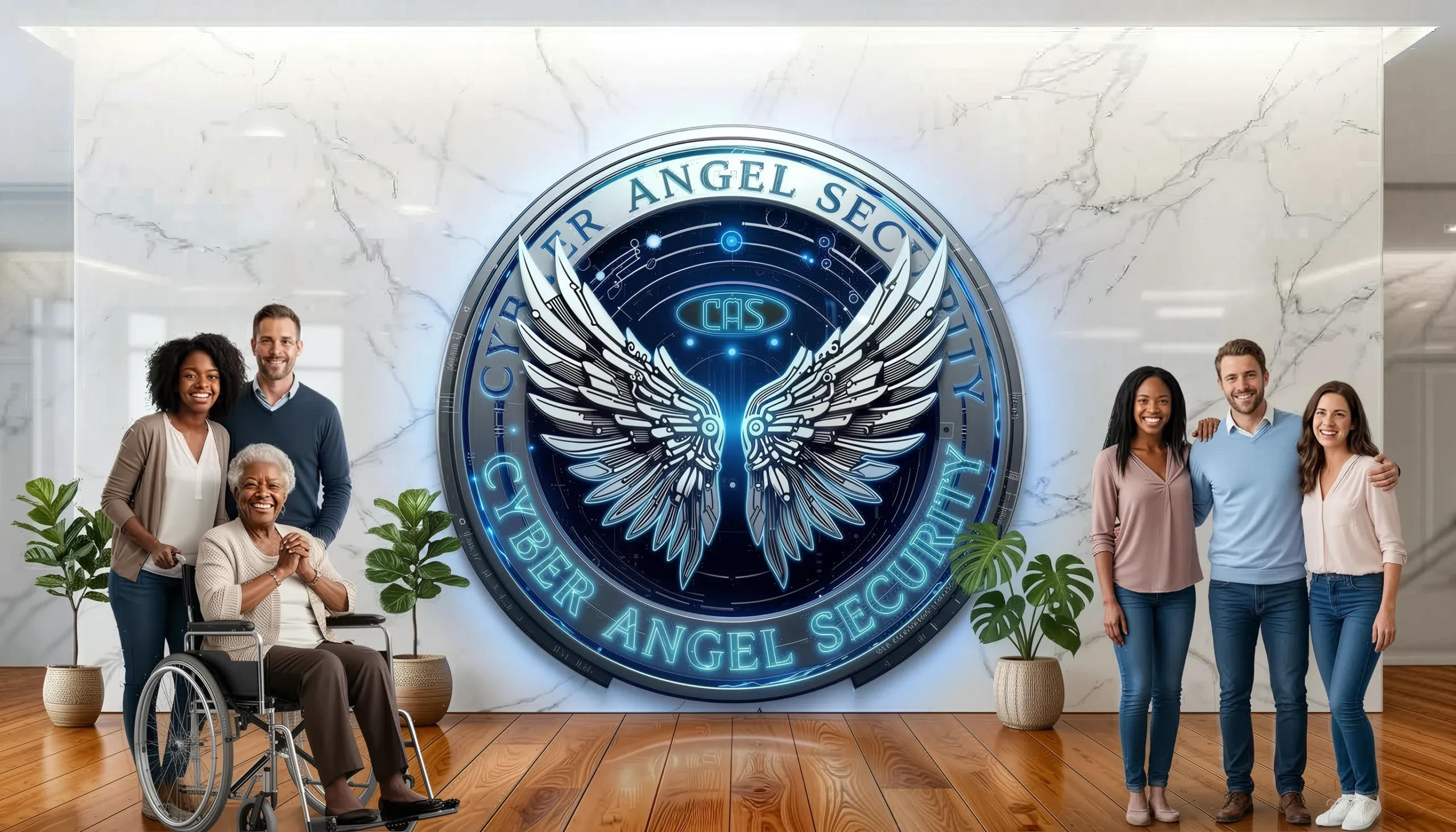 The Cyber Angel Security emblem with members of the community
